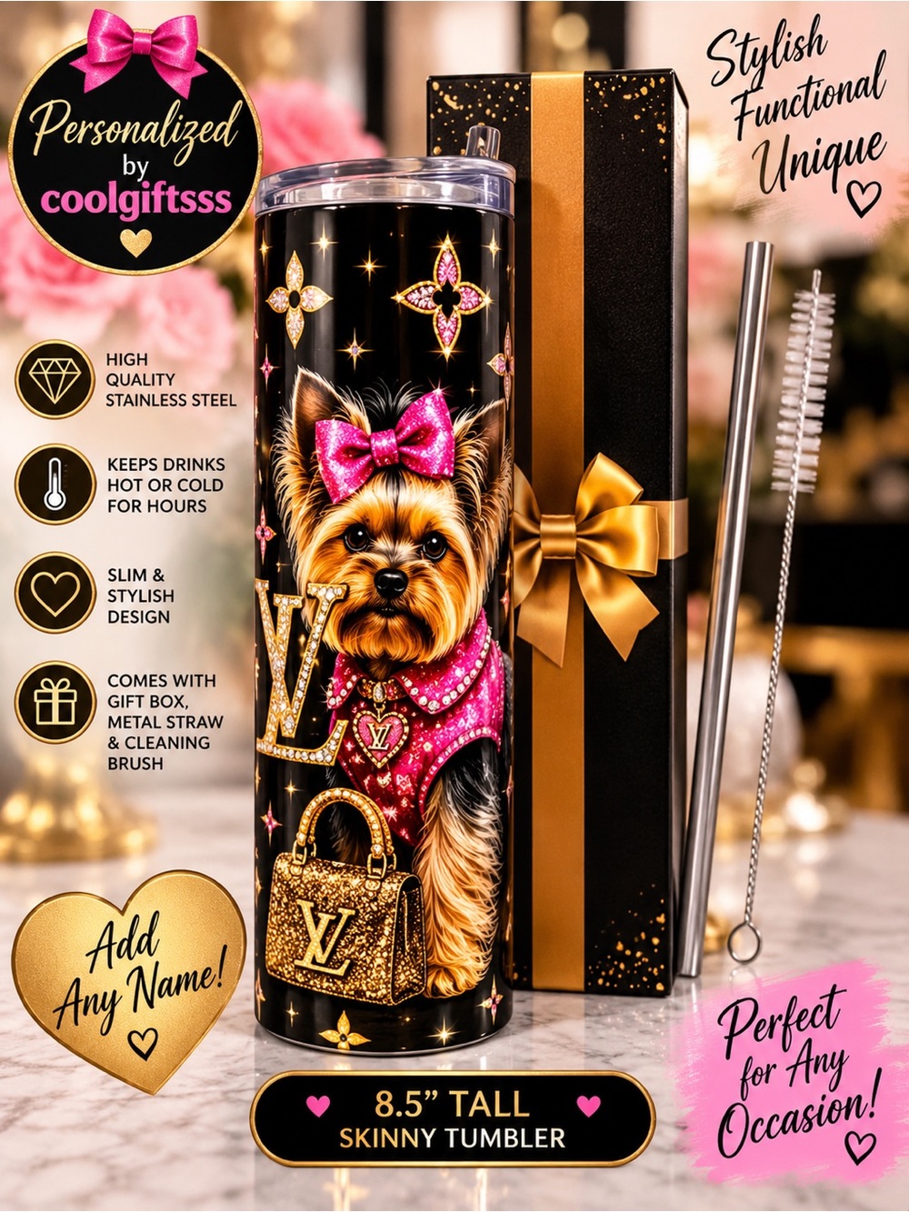 Personalized Yorkie Skinny Tumbler - Black with Pink Accents new made to order